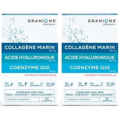 Collagene Marin et Acide hyaluronique, Coenzyme Q10 - GRANIONS | Selenium + Manganese | ANTI AGE ANTI RIDE | MADE IN FRANCE | Lot de 2 x 60 comprimés