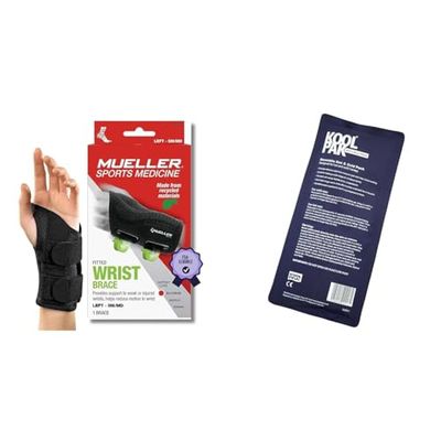 Mueller Fitted Wrist Brace for Left Hand, Small/Medium, Black with Koolpak Premium Reusable Ice Pack