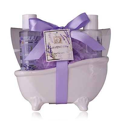 Accentra – Set doccia da donna LaVENDEL in bella vasca da bagno in ceramica – Set di 3 pezzi con gel doccia, lozione per il corpo e spugna a rete – Set regalo per compleanno, San Valentino