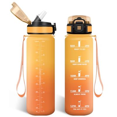 HoneyHolly Botella Agua 1 Litro, Libre de BPA & Prueba de Fugas, Botella de Agua, con Pajita, Water Bottle, con Marcador de Tiempo, Cantimplora para Sport, Bicicleta, Gimnasio, Escuela