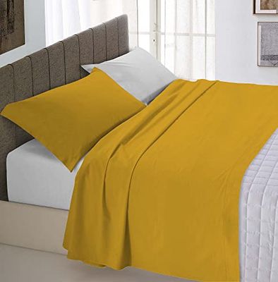 Italian Bed Linen Ensemble de draps de lit “Natural Color”, Moutarde/Gris Clair, 1 Place