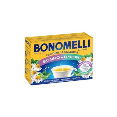 Bonomelli - Camomilla Solubile Sonno + Umore, 16 Bustine. Con Melatonina e Griffonia. Riduce il tempo necessario per addormentarsi e contribuisce al normale tono dell’umore (72g)