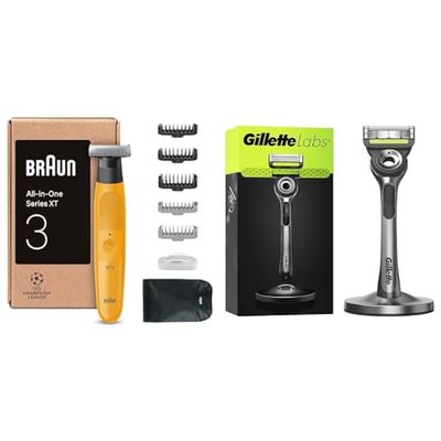 Braun Rasoio Elettrico Barba Uomo XT3 Tutto-in-uno, Regolabarba, +7 Strumenti di Styling, Giallo & Rasoio Gillette LABS con 1 Lamette Gillette, Base Magnetica e Barra Integrata, Grigio