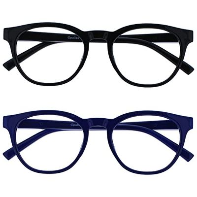 OPULIZE Blu - Occhiali da Lettura Filtro Luce Blu Set da 2 Montatura Tonda Fashion Cerniere a Molla Migliorano il Sonno Gaming Computer Anti Riflesso Nero Blu Uomo Donna BB5-13 +3.00