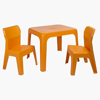 RESOL Set Jan Mesa Infantil con Sillas | 2 Sillas Niños y Mesa de Plástico | Apilables y de Muy Fácil Limpieza y Mantenimiento | Naranja Mesa + 2 Sillas