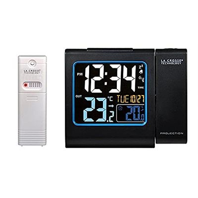 La Crosse Technology WT552-BLA budzik radiowy z projekcją w kolorze czerwonym, kolorowy wyświetlacz LCD, temperatura wewnętrzna i zewnętrzna, czarny