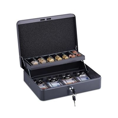 Relaxdays Caja de Dinero, con Cerradura, Hierro, Bandeja para Monedas y 4 Espacios para Billetes, 8,5x30,5x24,5 cm, Gris