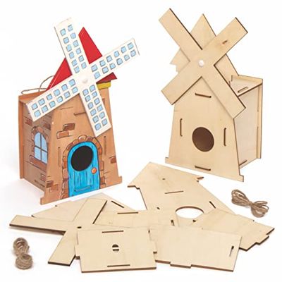 Baker Ross AT864 Windmolen Houten Vogelhuis Kits, Voor Kinderen Kunst en Ambachten Projecten (Pack van 2), Verschillende