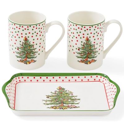 Spode X0011859144 Mugs & Tray Set, Porcelain, Green