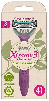 Wilkinson Sword Xtreme 3 Beauty Eco-Green, 4 maquinillas depilatorias femeninas ecológicas de 3 hojas, cabezal flexible con bandas de Aloe Vera, fabricadas con materiales reciclables y reciclados