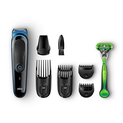 Braun Multi Grooming Kit MGK3040 7-in-1 Precision Trimmer for Beard and Hair Styling with Gillette Body Razor, Black/Blue