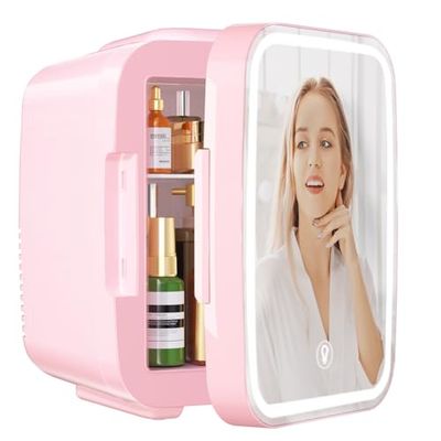 YASHE Mini Fridge for Bedroom, Skincare Fridge with LED Light Mirror, 4L Small Fridge Portable,220V AC/ 12V DC Thermoelectric Warmer & Cooler for Car Office Dorm (Pink)