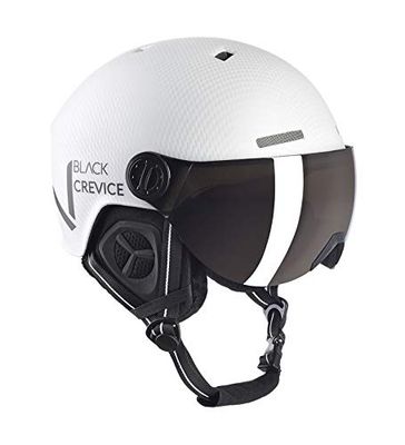 BLACK CREVICE Sölden Skihelm met vizier in pilotenstijl, skihelm voor dames en heren, ademende skihelm, in grootte verstelbaar, matwit carbon/zwart, S/M (54-57)