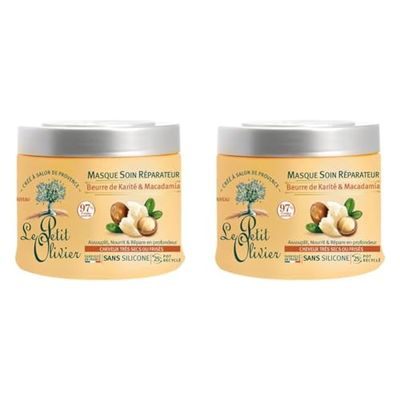 LE PETIT OLIVIER - Masque Soin Réparateur - Karité & Macadamia - Assouplit, Nourrit & Répare En Profondeur - Cheveux Secs Ou Frisés - Sans Silicone - Fabriqué en France - 330 ml (Lot de 2)