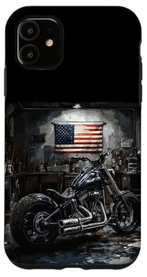 Cool Retro Motorcycle in Patriotic Workshop for USA Lovers Case for iPhone 11
