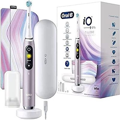 Oral-B iO 9 Special Edition Brosse à dents électrique avec technologie magnétique et micro vibrations, 7 modes, analyse des dents 3D, écran couleur, étui de chargement et sac de beauté, quartz rose