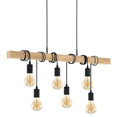 EGLO Candeeiro suspenso TOWNSHEND, candeeiro suspenso vintage com 6 lâmpadas de estilo industrial, candeeiro pendurado em aço e madeira, cor preta, castanho, casquilho E27