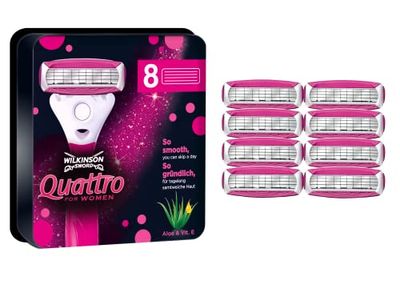 Wilkinson Sword Quattro For Women - Pack de 8 Recambios de Cuchillas de 4 Hojas con Bandas Lubricantes de Aloe Vera y Vitamina E Válidos para Maquinilla Quattro for Women