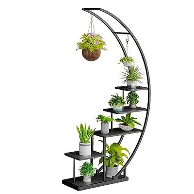 Ribelli Support de plantes en métal à 5 niveaux en forme de croissant de lune 172 cm, étagère pour plantes avec 5 étagères et crochets, support de fleurs haut avec protection anti-basculement pour