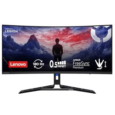 Lenovo Legion R34w-30 - Écran Gaming de 34" Incurvé avec Eyesafe (WQHD, VA, 180Hz, 0.5ms, HDMI+DP, Cable DP, AMD FreeSync, Haut-parleurs) Réglage en Inclinaison - Noir