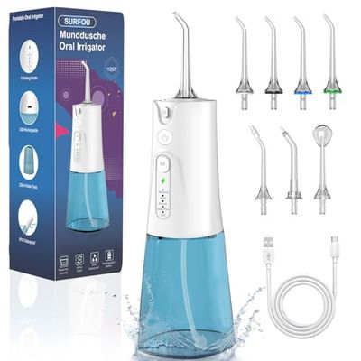 SURFOU Opryskiwacz stomatologiczny i irygatory 5 trybów 7 końcówek, wodoodporny IPX7, akumulator USB-C i zbiornik na wodę 230 ML do podróży i użytku domowego