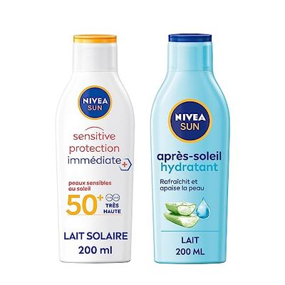 NIVEA SUN Routine Protection Hydratante, Routine solaire avec lait solaire pour peaux sensibles et après-soleil hydratant, Protection solaire spéciale peau sensible