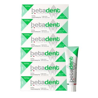 Betadent KIT 6 DENTIFRICIO TOTAL Tripla azione anti placca, tartaro, carie, gengive infiammate. Con Menta Naturale, Alito fesco. 6x100ml
