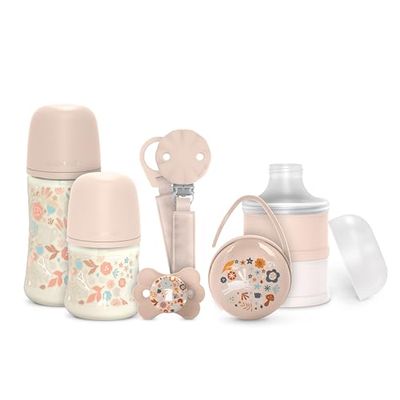 Suavinex, Pudełko na prezent dla noworodków. Zestaw butelek przeciw kolce 150 ml i 270 ml + smoczek 0/6 miesięcy z smoczkiem SX Pro + dozownikiem na mleko + uchwyt na smoczek + łańcuszek na smoczek.