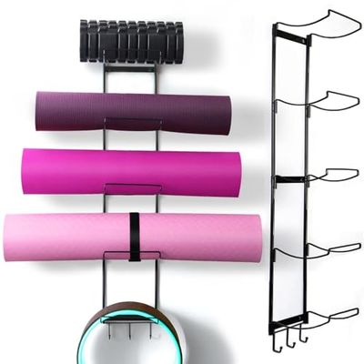 MRZZATA Supporto a parete per tappetino yoga a 5 livelli, in metallo per tappetino yoga/ruote, da parete, 3 ganci per appendere la cinghia di stretching e le bande di resistenza