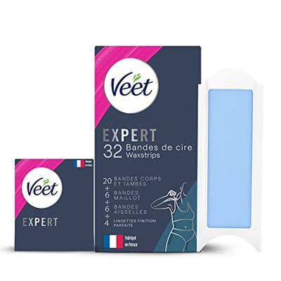 Veet EXPERT - Set di 32 strisce di cera fredda per gambe, maglia e ascelle, per pelli sensibili, finitura perfetta, depilazione a lunga durata