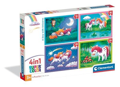 Clementoni - Puzzle 4 in 1 Supercolor, per Bambini 3+ Anni, Diverse Pezzature Illustrazioni Animali, A Day with Unicorns, Idea Regalo, Made in Italy, 21740