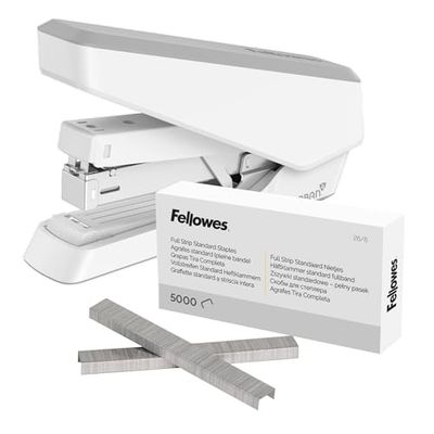 Fellowes Jam Free Stapler, 40 Sheet Capacity - LX870 EasyPress Full Strip Antibacterial Manual Stapler - White + Fellowes Staples 26/6mm for Full Strip Staplers – Box of 5000, 1 Pack – Silver