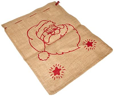 Riffelmaker 19627 – jute-väska Santa, storlek 36 x 48 cm, naturlig röd, stängbar, present, väska, förpackning, jul, tomteansikte