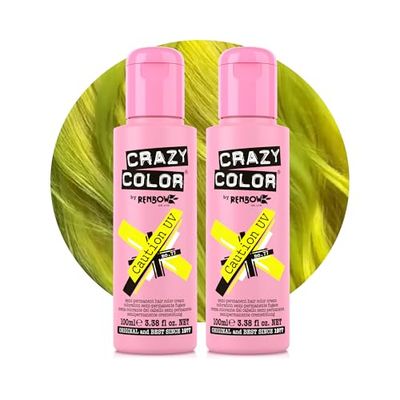 Crazy Color Caution UV Semi-Permanent Duo Hair Dye. Highly Pigmented Neon Yellow Conditioning & Oil Nourishing Vegan Formula | No Bleach or Ammonia | 200ml