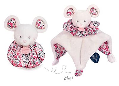 DOUDOU ET COMPAGNIE - Peluche Souris Rose 3 en 1 Réversible : 1 Doudou + 1 Marionnette =1 Petit Sac pour Promener Doudou - 30 cm- Collection Petits Futés - Idée Cadeau- Garantie Doudou Perdu- DC3932