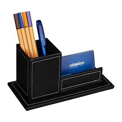 Relaxdays Desk Organiser, Pen Cup & Business Card Holder, H x W x D: 10.5 x 20 x 10 cm, Faux Leather, Black