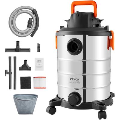 VEVOR Vatten- och dammdammsugare, 30 L, bärbar våt torrdammsugare i rostfritt stål, 6 hk max, effektiv vindtunnel sug med munstycke, hjul, mattor, skräp, djurhår, svart silver