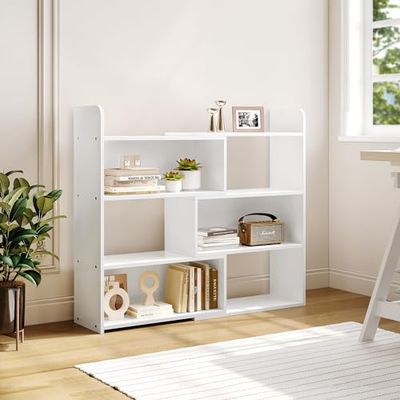YITAHOME Boekenkast met 4 niveaus, open boekenkast, boekenplank met 6 opbergkasten, houten display, opbergrek, kantoor, voor woonkamer, slaapkamer, wit, 60 x 24 x 90 cm