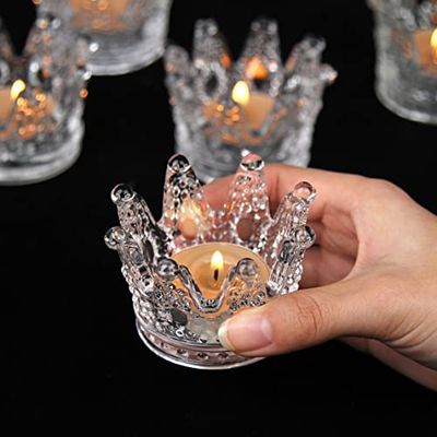 Vixdonos Votive Candle Holders Set of 12 Crown Glass Tealight Candle Holder for Wedding, Party and Home Decor (Clear)