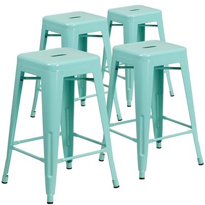 Flash Furniture Conjunto de 4 bancos de grau comercial, 62 cm, sem encosto, metal, interiores e exteriores, altura da bancada, assento quadrado, ferro, plástico, verde menta