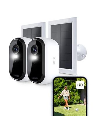 Arlo Essential 2 Camara Vigilancia WiFi Exterior + Panel Solar (2), HD, Camara Vigilancia WiFi Interior, Sensor de Movimiento, Alarmas Para Casa, Prueba Arlo Secure Incluida, 2 Cámaras, Blancas