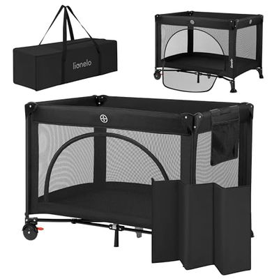 lionelo Laura 2en1 Lit de Voyage jusqu'à 15 kg Parc bébé de 0 à 36 Mois Entrée latérale Matelas en Mousse T25, 2 Niveaux Hauteur, Sac de Voyage, Roues avec Frein (Beige Sand) (Black)