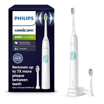Philips Sonicare ProtectiveClean 4300, cepillo dental eléctrico, cepillo dental sónico con dos niveles de intensidad, sensor de presión y temporizador, blanco, modelo HX6807/51