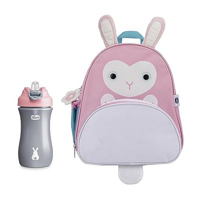 Chicco Kit de Mochila Colegio y Botella Pop Up Cup, Set Compuesto por Mochila Ajustable y Vaso De Plástico Hermético 350ml, Niños y Niñas 2 años +, Diseño Conejo Rosa