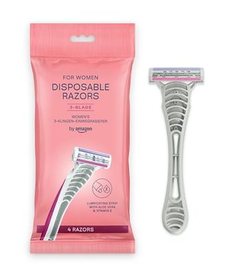 by Amazon Maquinillas de afeitar desechables de 3 cuchillas para mujer, color rosa, 4, 1 paquete