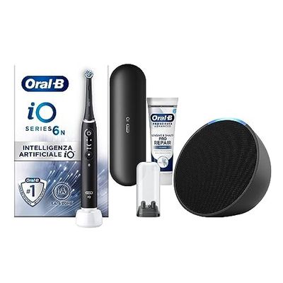 Oral-B regala Alexa Echo Pop, Spazzolino Elettrico Ricaricabile iO6 & Alexa Echo Pop, Intelligenza Artificiale, Display Interattivo, 1 Spazzolino + 1 Dentifricio Pro-Repair 75ml, Colore Nero