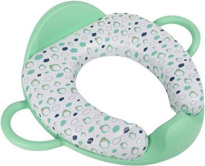 Reductor de inodoro infantil verde, con asas para sujetar y respaldo, cómoda tableta acolchada y suave y asiento lavable
