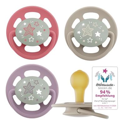 nip - Cherry Green Night | 0-6 mois | Lot de 4 tétines durables en matières premières naturelles avec bouton lumineux pour bébé de 0 à 6 mois - Violet/rouge