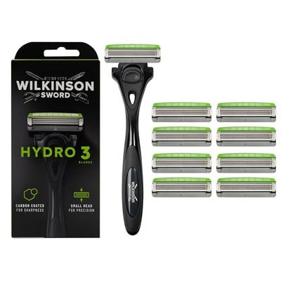 Wilkinson Sword Hydro 3 Men’s Razor, Great Addition to Wash Bags for Men's Grooming, Great Shavers for Routine Shaving, 1 Reusable Handle plus 9 Blades Refills Pack