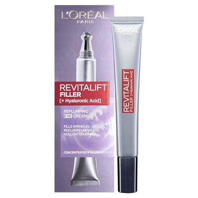 L’Oréal Paris Revitalift Filler Replumping Anti-Ageing Eye Cream, Formulated for eye-area, Moisturiser Targets Deep Wrinkles & Replumps Under-Eye Area, Formulated with Hyaluronic Acid, 15ml